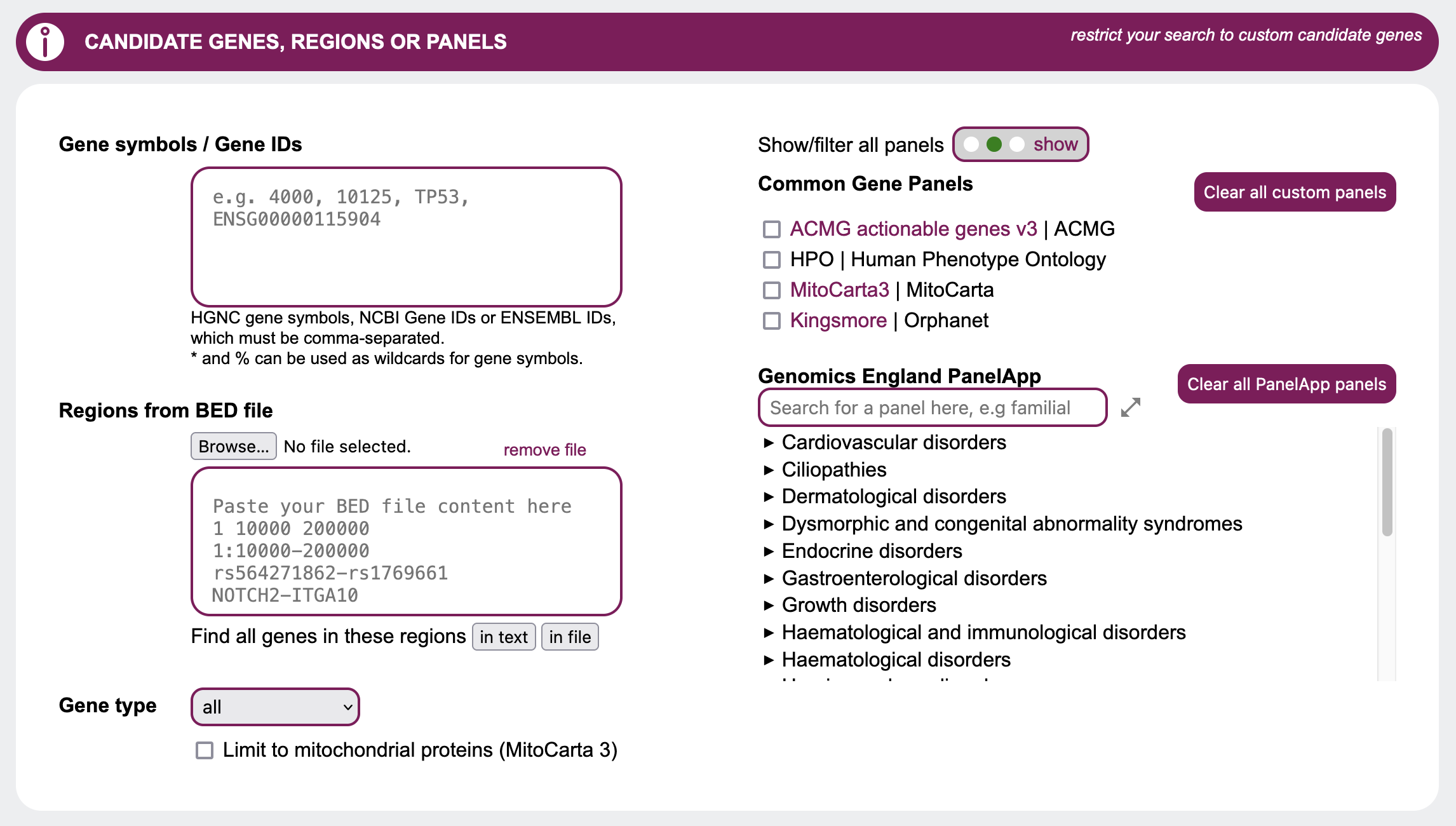 candidate genes, regions and panels