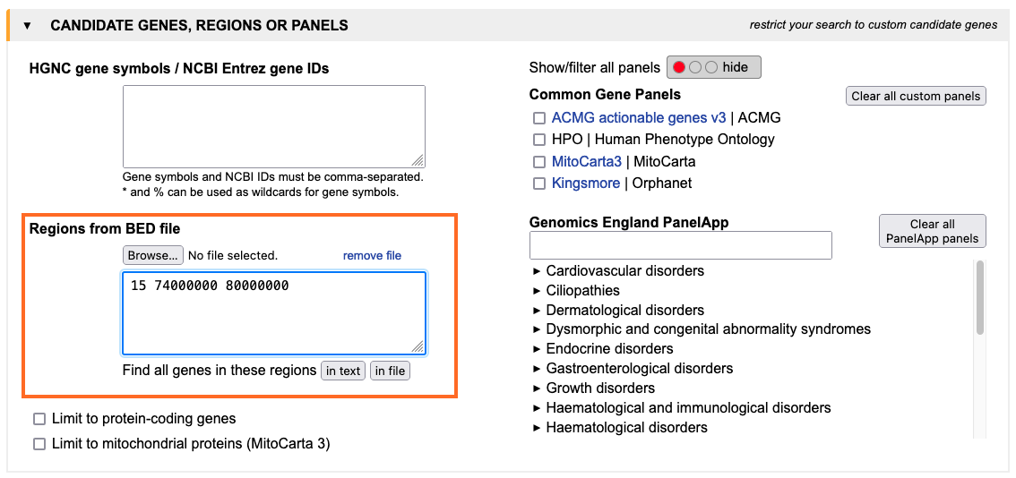 candidate genes, regions or panels tab